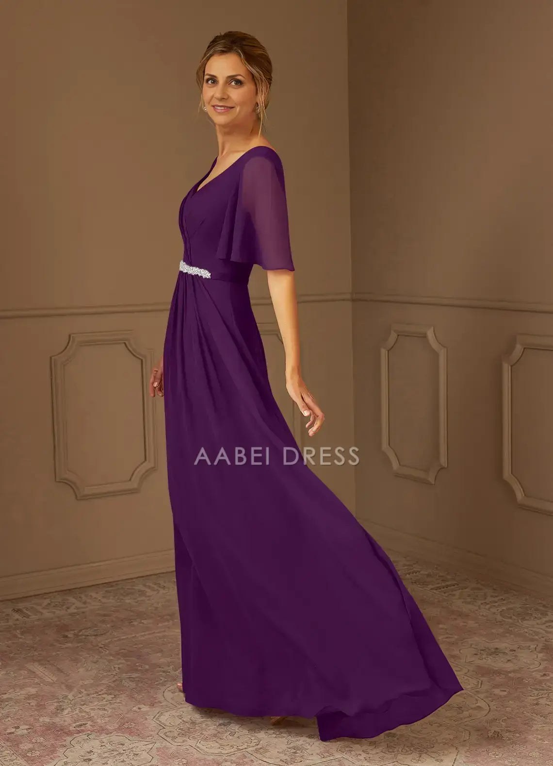 AABEI DRESS Wedding Guests Dresses A-Line V-Neck Loose Short Sleeves Pleated Beadwork Elegant Fashion Mother of the Bride Dress