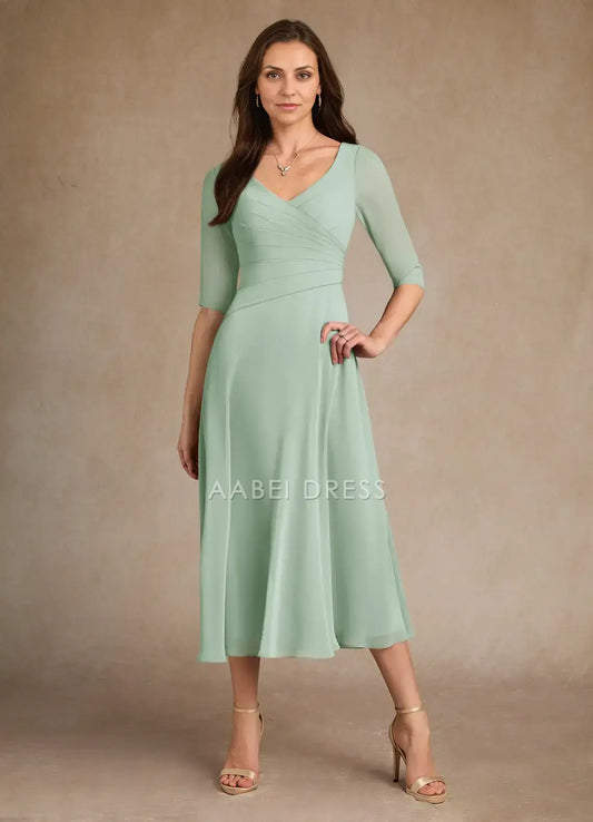AABEI DRESS Wedding Guests Dresses A-Line V-Neck Three-Quarter Sleeves Pleated Bodice Tea-Length Elegant Mother of the Bride Dress