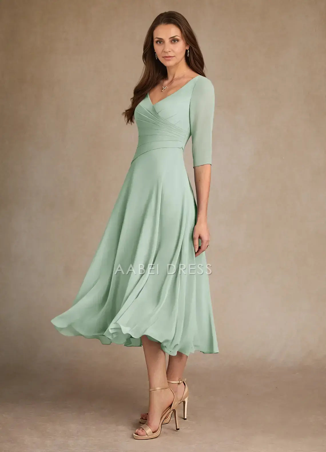 AABEI DRESS Wedding Guests Dresses A-Line V-Neck Three-Quarter Sleeves Pleated Bodice Tea-Length Elegant Mother of the Bride Dress