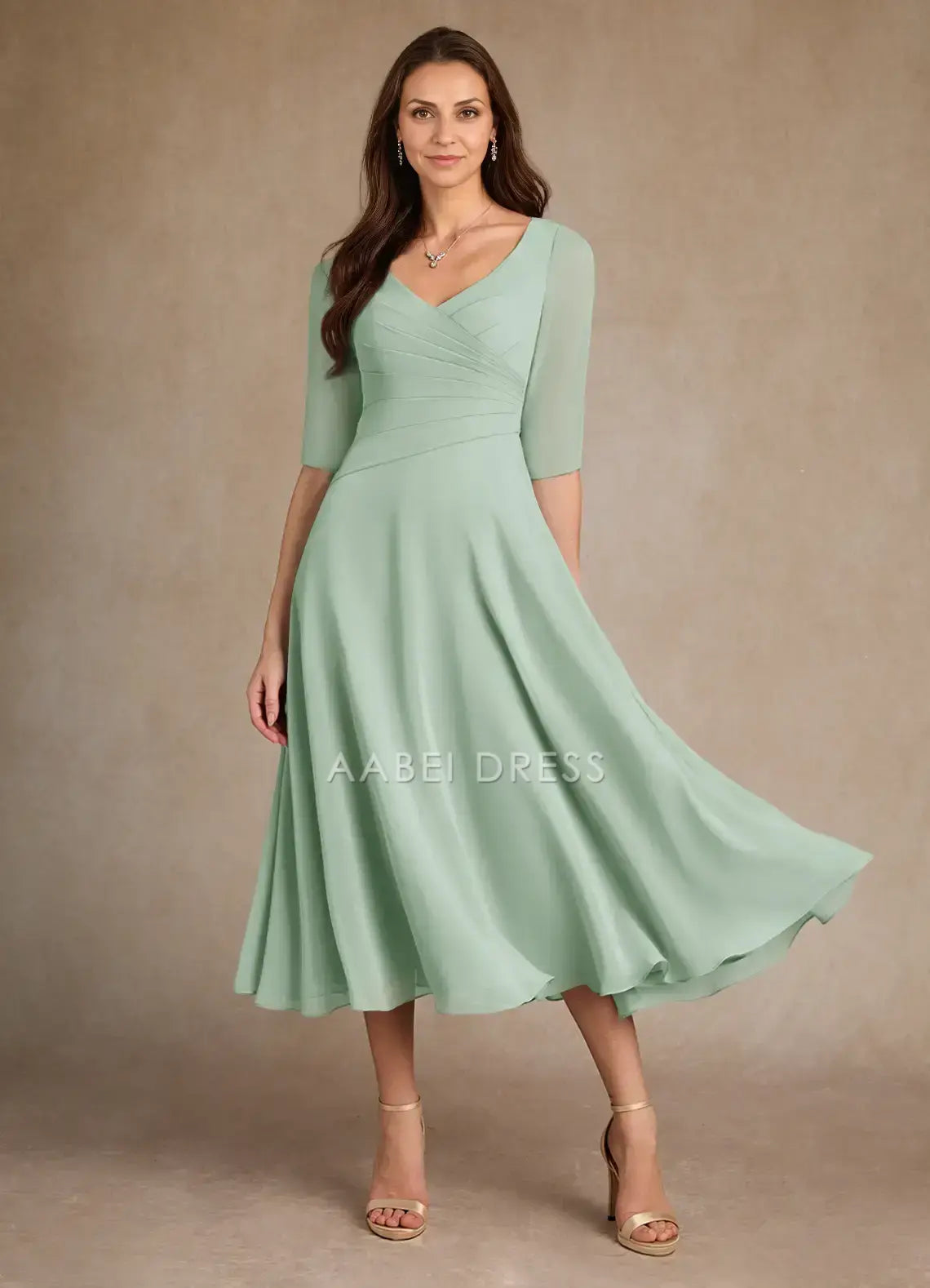 AABEI DRESS Wedding Guests Dresses A-Line V-Neck Three-Quarter Sleeves Pleated Bodice Tea-Length Elegant Mother of the Bride Dress