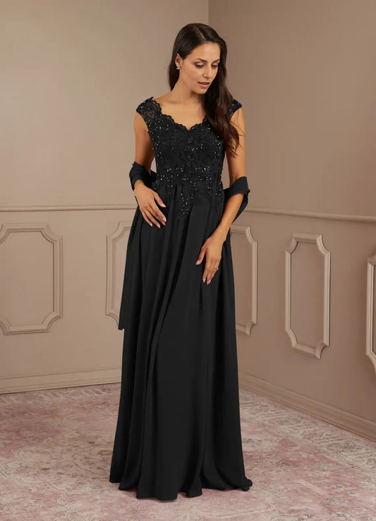 AABEI DRESS Wedding Guests Dresses A-Line V-Neck  lace bodice Beadwork with matching Chiffon Shawl Exquisite Mother of the Bride Dress