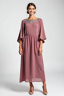 AABEI DRESS Wedding Guests Dresses A Line Boat Collar V Back Flutter Sleeves Beaded Vintage Long Mother of the Bride Dress