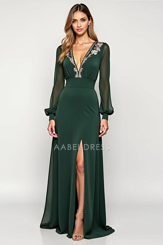 AABEI DRESS Wedding Guests Dresses A Line Deep V-Neck Long Sleeves V Back Applique Side Fork Fashion Long Mother of the Bride Dress