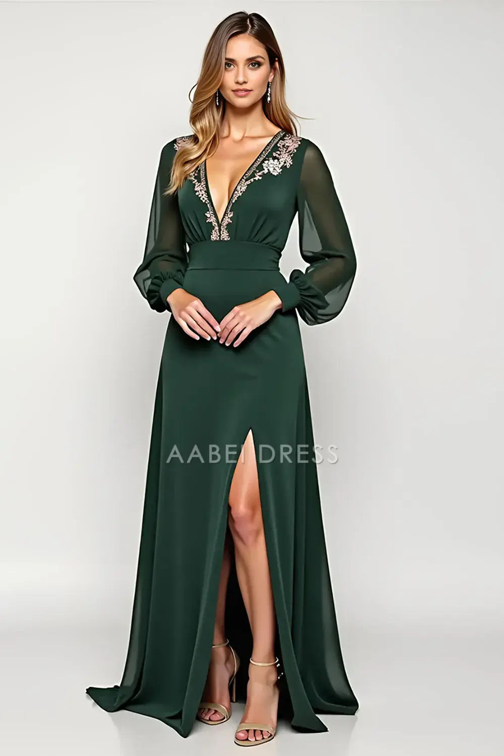 AABEI DRESS Wedding Guests Dresses A Line Deep V-Neck Long Sleeves V Back Applique Side Fork Fashion Long Mother of the Bride Dress