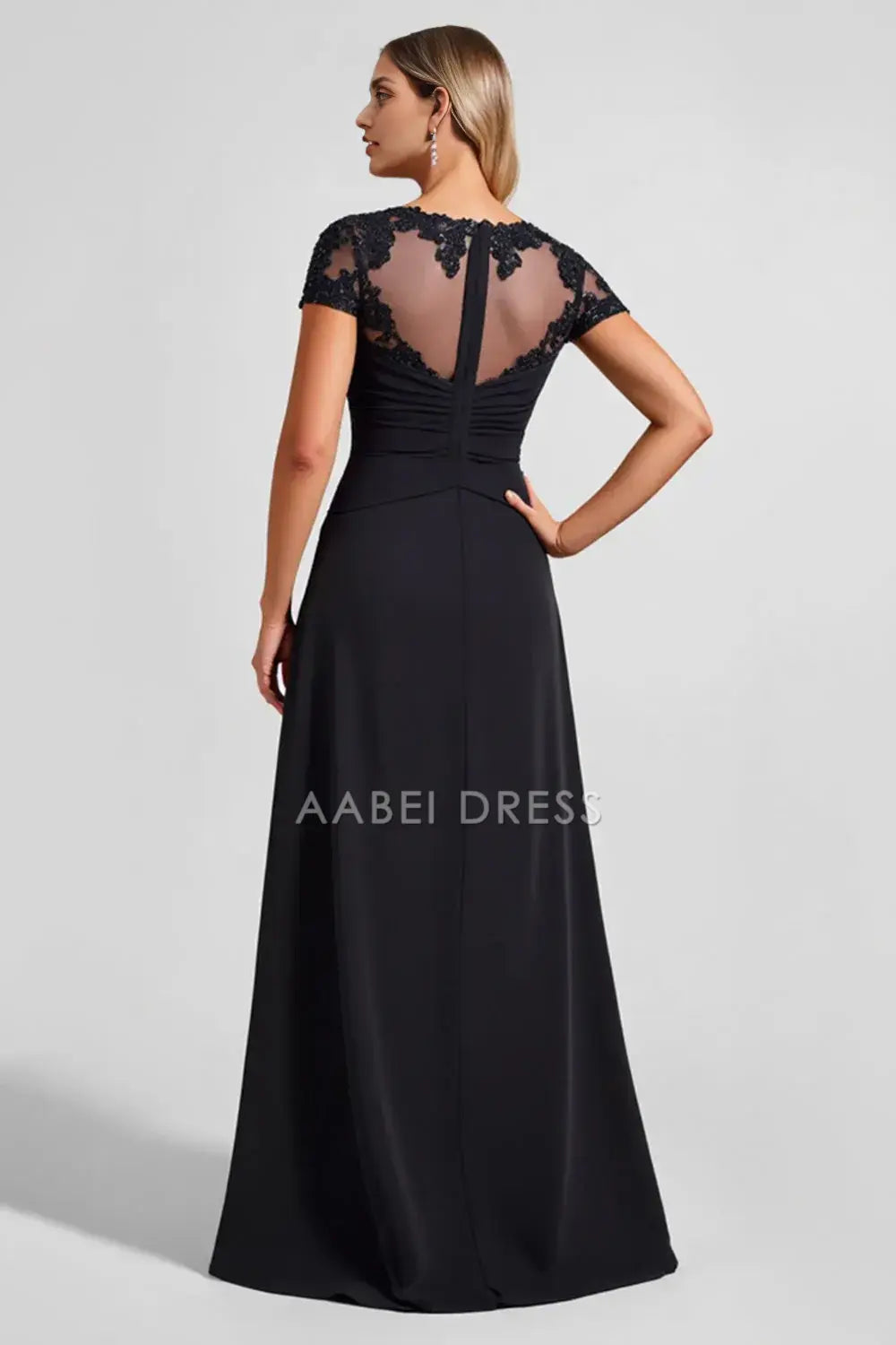 AABEI DRESS Wedding Guests Dresses A Line Illusion Boat Neck Cap Sleeve Lace Applique  With Slit Elegant Long Mother of the Bride Dress