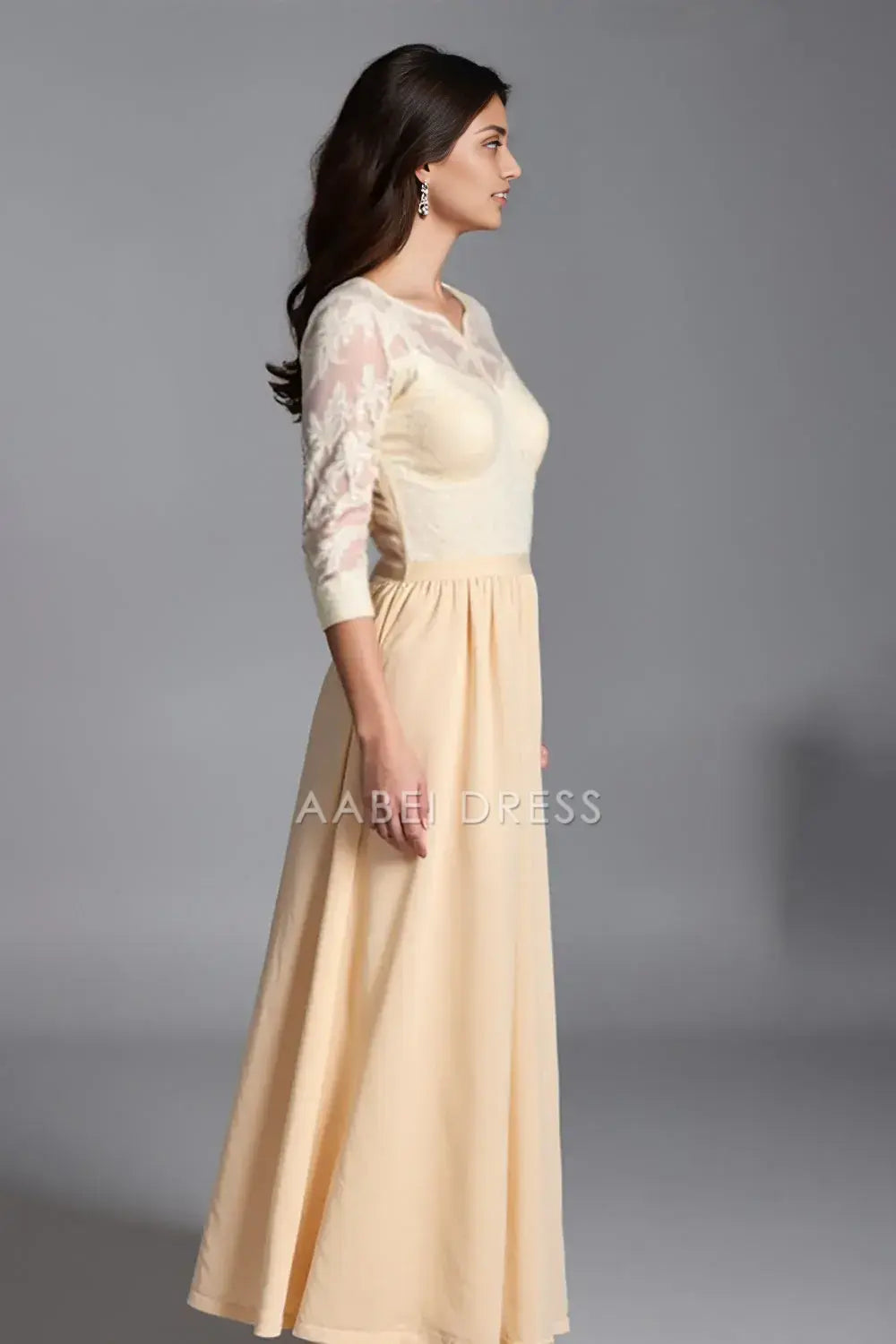 AABEI DRESS Wedding Guests Dresses A Line Round Neck Lace Long Sleeves Elegant Long Mother of the Bride Dress