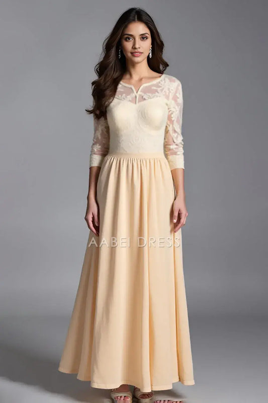 AABEI DRESS Wedding Guests Dresses A Line Round Neck Lace Long Sleeves Elegant Long Mother of the Bride Dress