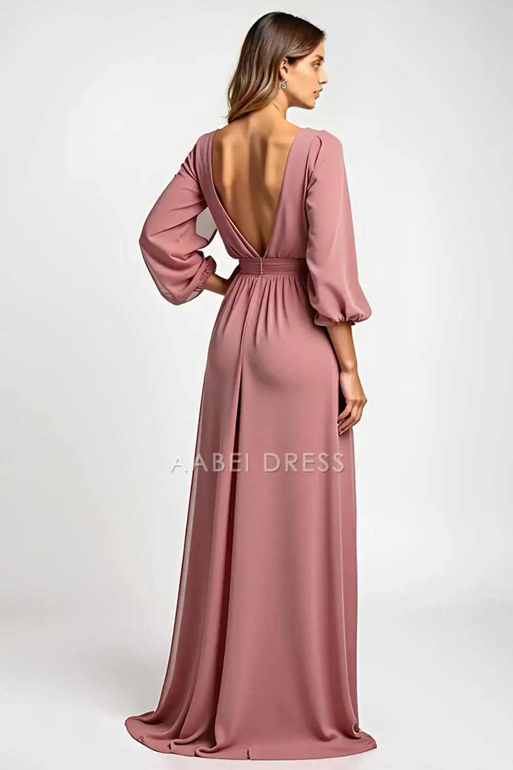 AABEI DRESS Wedding Guests Dresses A Line Round Neck Long Sleeves Backless Elegant Simple Long Mother of the Bride Dress