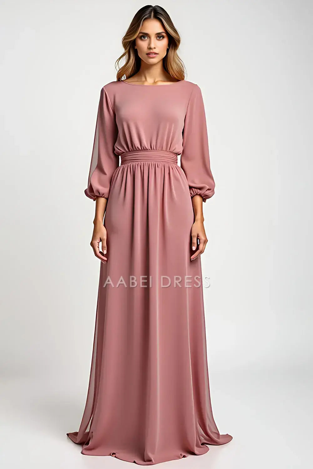 AABEI DRESS Wedding Guests Dresses A Line Round Neck Long Sleeves Backless Elegant Simple Long Mother of the Bride Dress