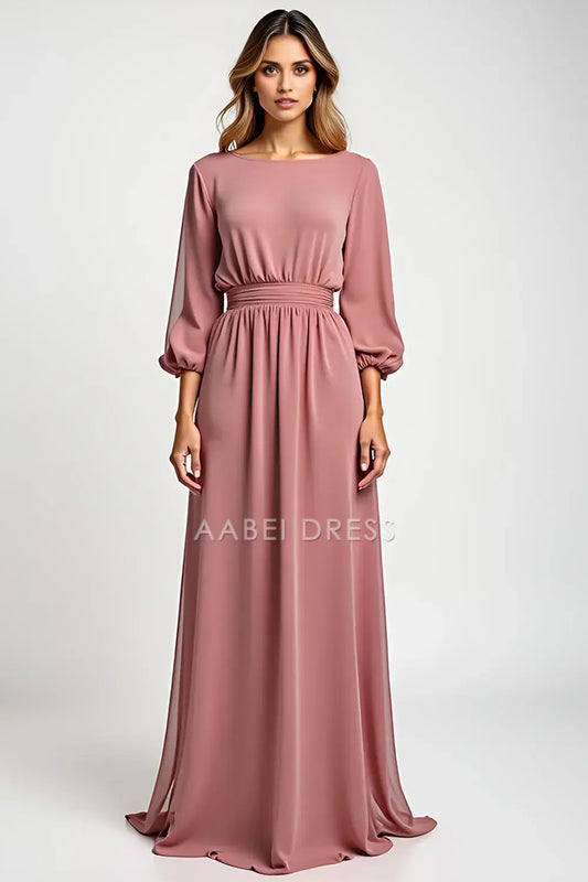 AABEI DRESS Wedding Guests Dresses A Line Round Neck Long Sleeves Backless Elegant Simple Long Mother of the Bride Dress