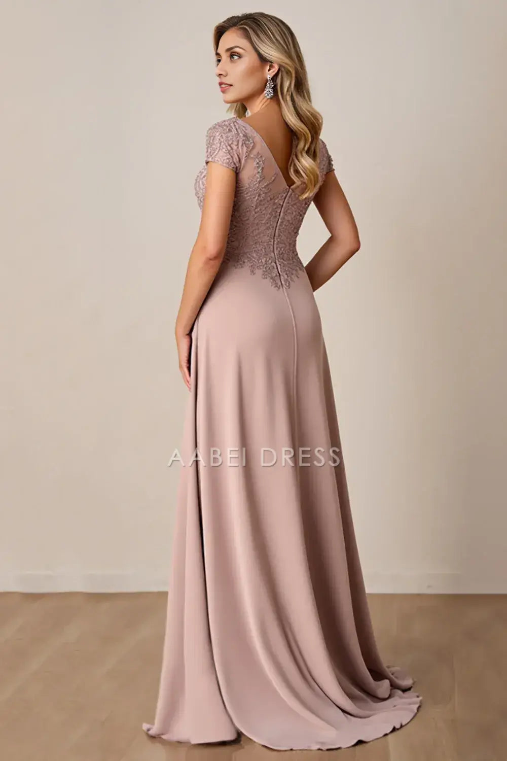 AABEI DRESS Wedding Guests Dresses A Line V-Neck Cap Sleeve Lace Appliqued V Back Elegant Long Mother of the Bride Dress
