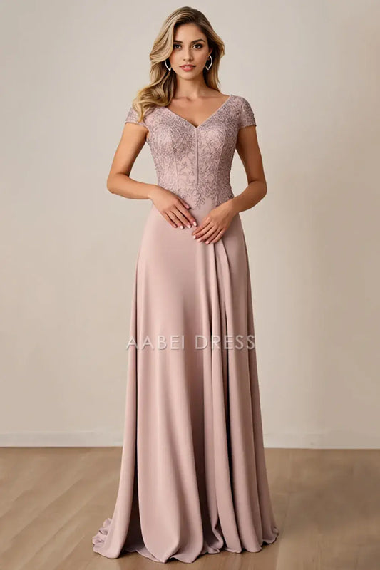 AABEI DRESS Wedding Guests Dresses A Line V-Neck Cap Sleeve Lace Appliqued V Back Elegant Long Mother of the Bride Dress