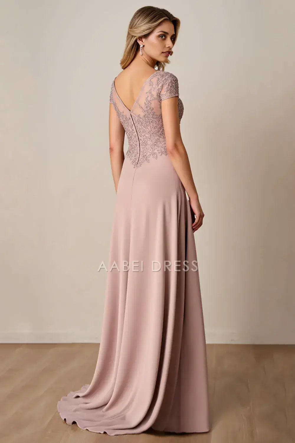 AABEI DRESS Wedding Guests Dresses A Line V-Neck Cap Sleeve Lace Appliqued V Back Elegant Long Mother of the Bride Dress