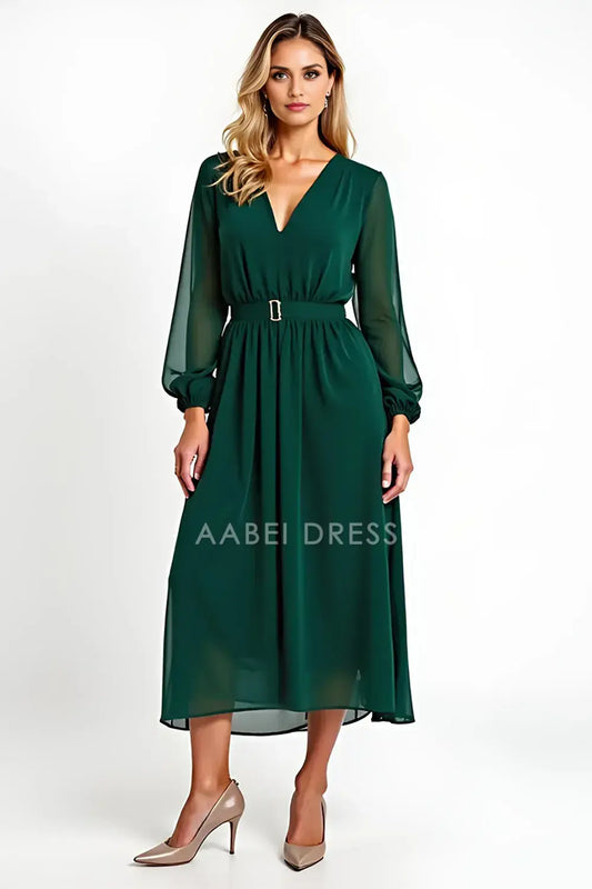 AABEI DRESS Wedding Guests Dresses A Line V Neck Long Sleeves Chiffon Elegant Simple Long Mother of the Bride Dress