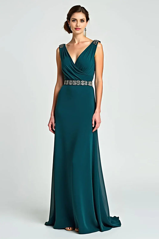 AABEI DRESS Wedding Guests Dresses A Line V Neck Pleated Sleeveless V Back Beadwork Charming Long Mother of the Bride Dress