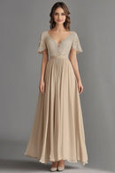 AABEI DRESS Wedding Guests Dresses A Line V Neck Short Sleeve Ruched Lace Backless Elegant Mother of the Bride Dress