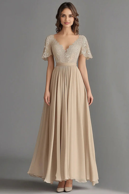 AABEI DRESS Wedding Guests Dresses A Line V Neck Short Sleeve Ruched Lace Backless Elegant Mother of the Bride Dress