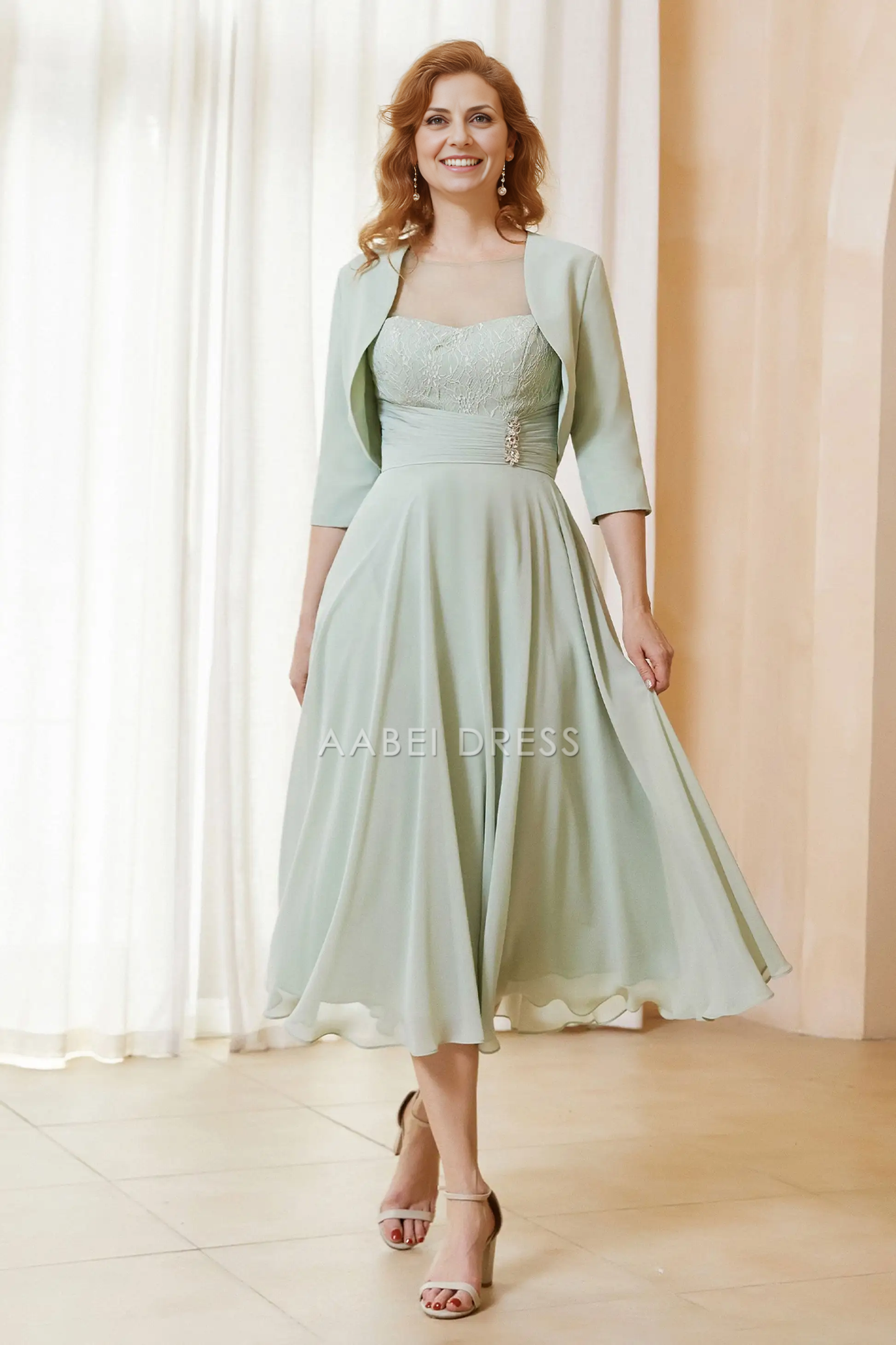 AABEI DRESS Wedding Guests Dresses Fashion A-Line Sweetheart Neckline with Jacket Two-Piece Set 3/4 Sleeves Lace Bodice Pleated Waist Chiffon Dress Elegant Mother of the Bride Dress