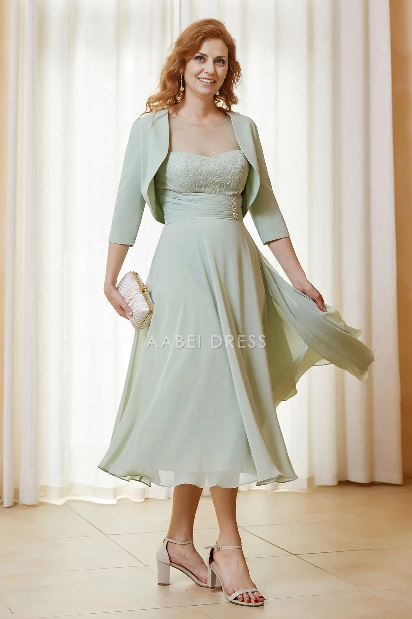 AABEI DRESS Wedding Guests Dresses Fashion A-Line Sweetheart Neckline with Jacket Two-Piece Set 3/4 Sleeves Lace Bodice Pleated Waist Chiffon Dress Elegant Mother of the Bride Dress