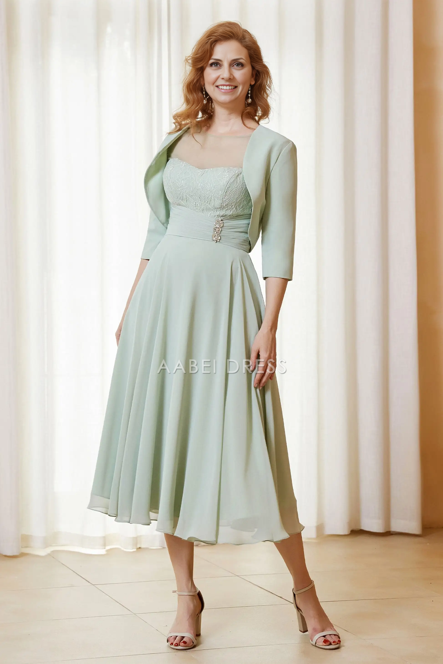 AABEI DRESS Wedding Guests Dresses Fashion A-Line Sweetheart Neckline with Jacket Two-Piece Set 3/4 Sleeves Lace Bodice Pleated Waist Chiffon Dress Elegant Mother of the Bride Dress