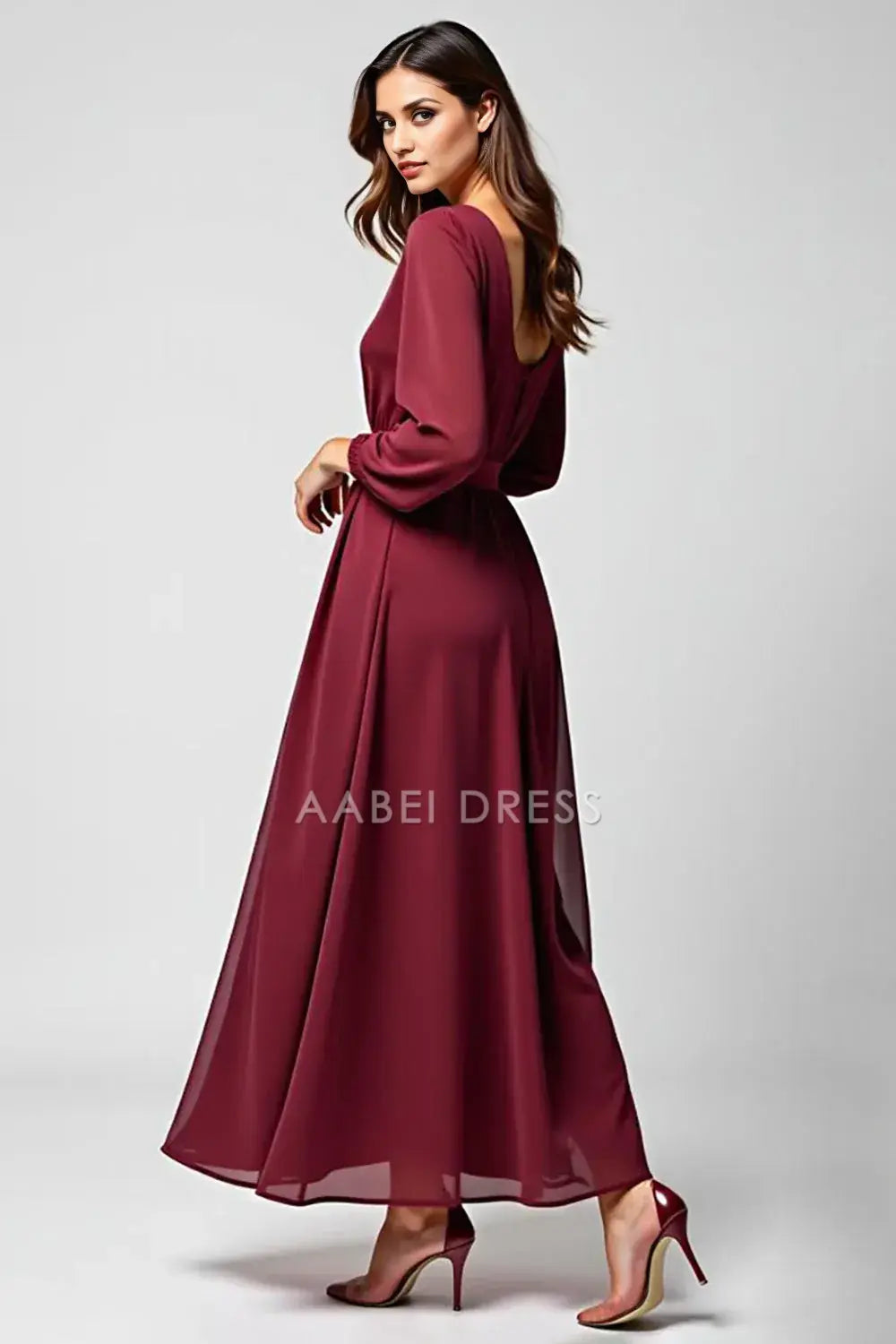 AABEI DRESS Wedding Guests Dresses Chiffon A Line Round Neck Long Sleeves Applique Fashion Long Mother of the Bride Dress