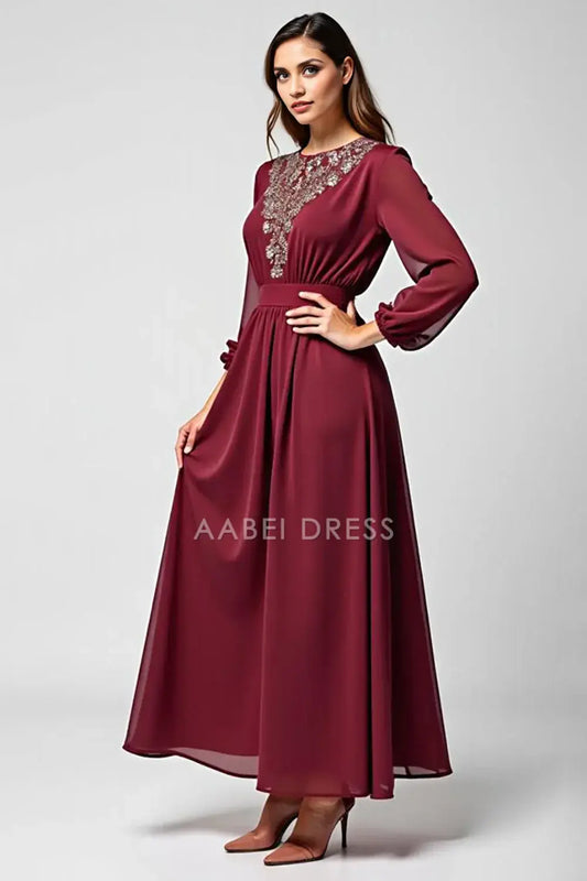 AABEI DRESS Wedding Guests Dresses Chiffon A Line Round Neck Long Sleeves Applique Fashion Long Mother of the Bride Dress