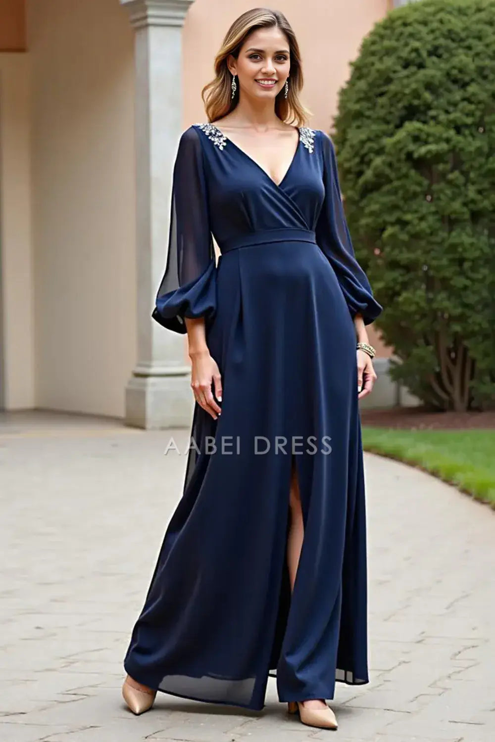 AABEI DRESS Wedding Guests Dresses Chiffon A Line V Neck Long Sleeves Applique V Back Fork Exquisite Long Mother of the Bride Dress