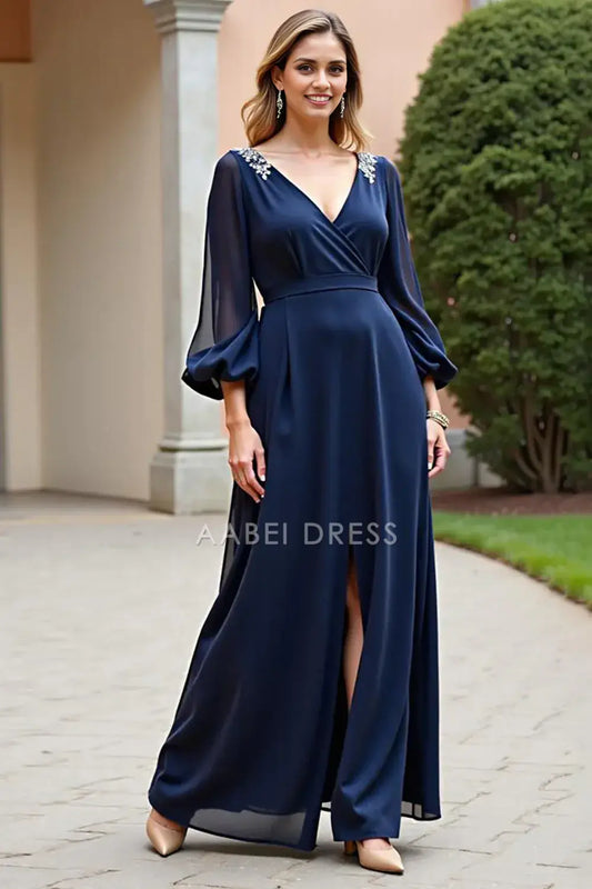 AABEI DRESS Wedding Guests Dresses Chiffon A Line V Neck Long Sleeves Applique V Back Fork Exquisite Long Mother of the Bride Dress