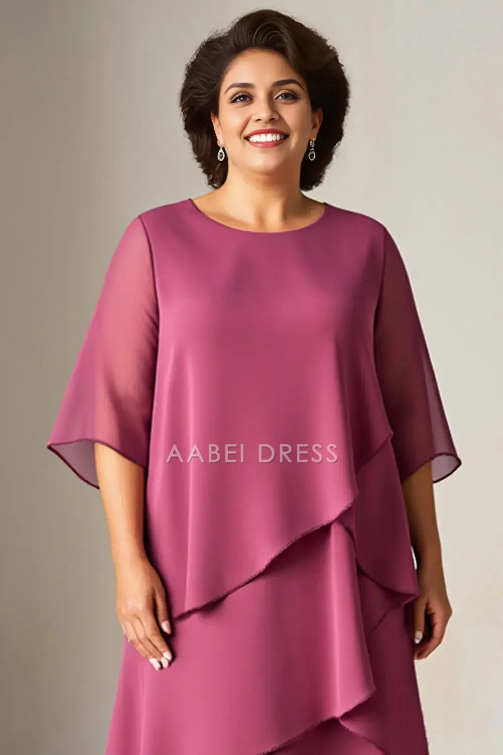 AABEI DRESS Wedding Guests Dresses Fashion A Line Round Neck Loose Sleeves Tiered Chiffon Plus Size Dress Elegant Mother of the Bride Dress