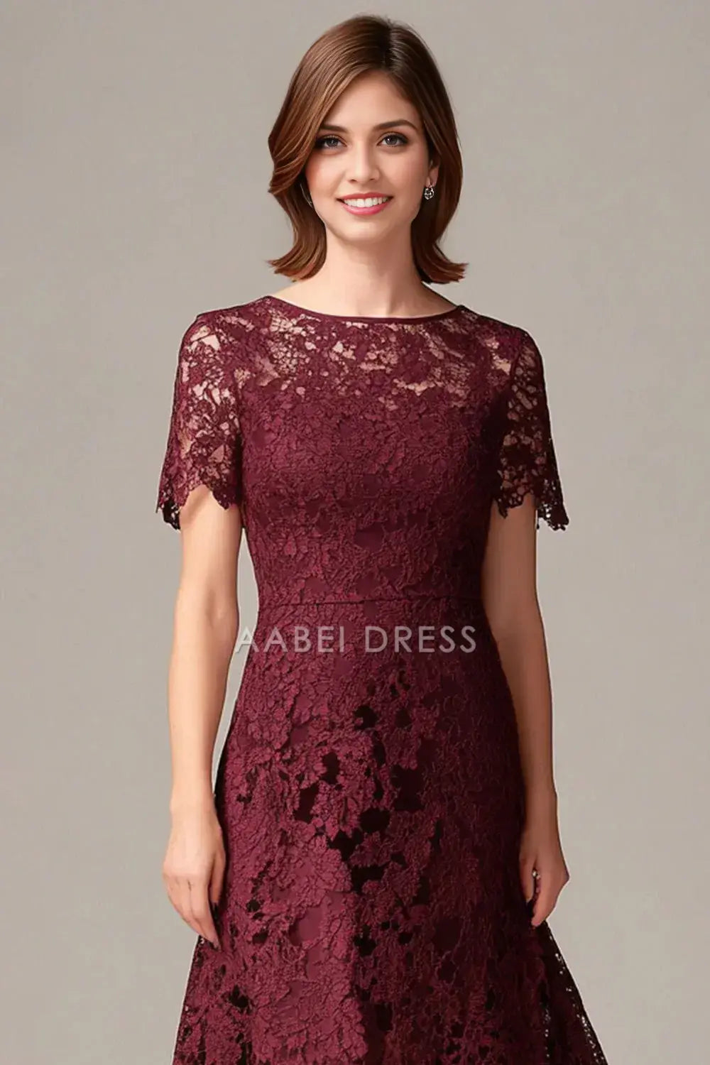 AABEI DRESS Wedding Guests Dresses Lace Sheath Round Neck Short Sleeves Hi-Low Hemline Elegant Mother of the Bride Dress