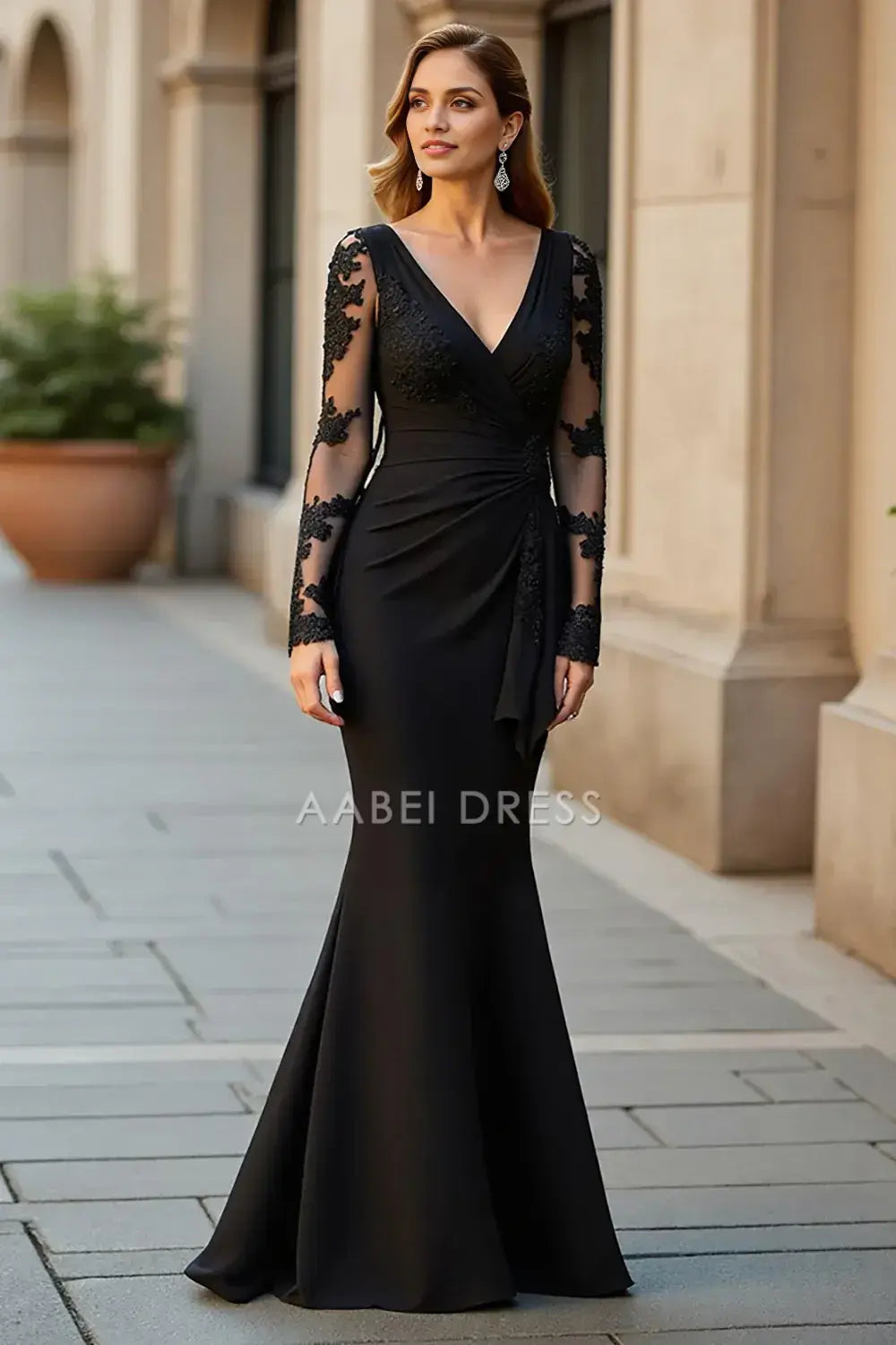 AABEI DRESS Wedding Guests Dresses Mermaid V-Neck Lace Long Sleeves V Back Ruffled Elegant Long Mother of the Bride Dress