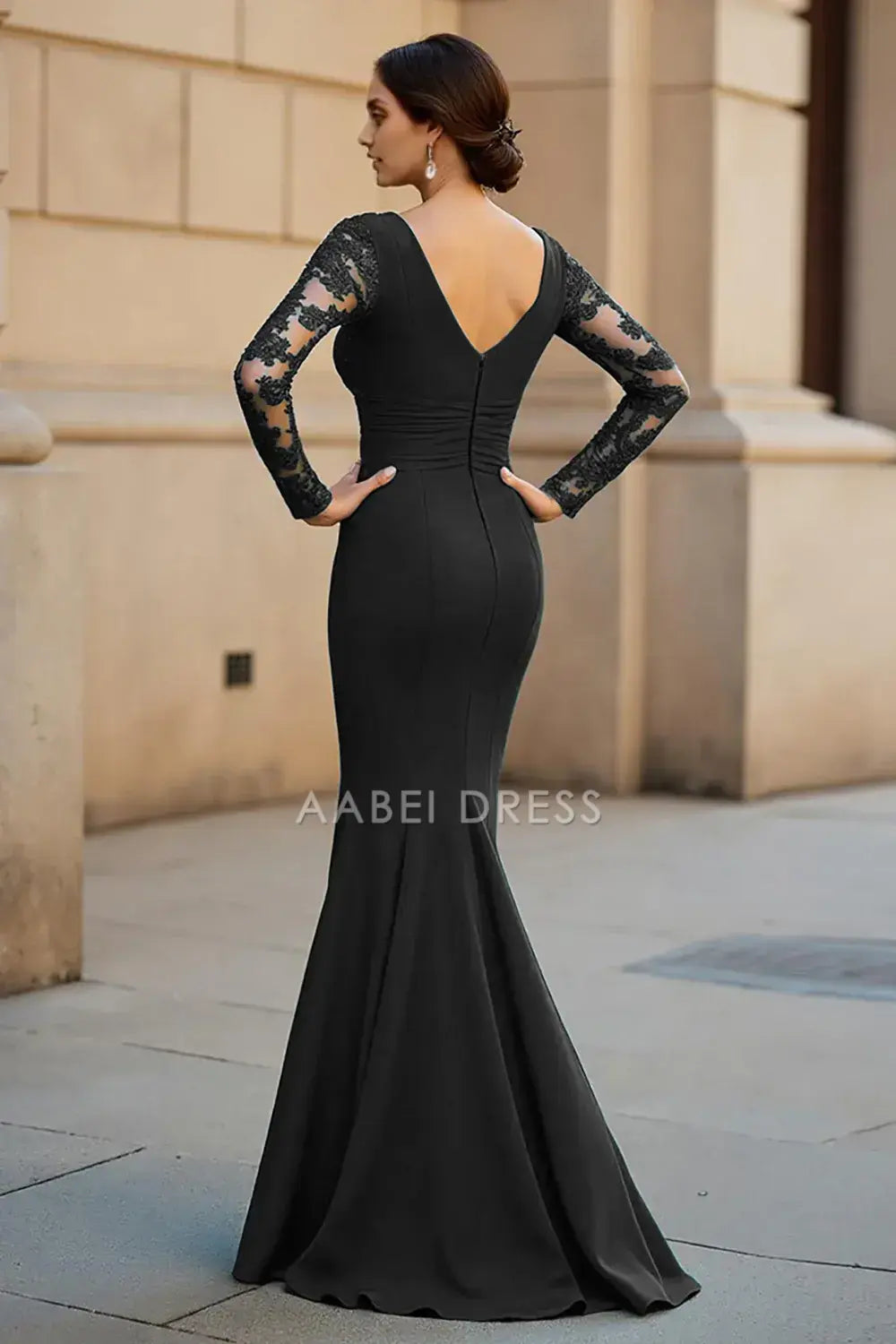 AABEI DRESS Wedding Guests Dresses Mermaid V-Neck Lace Long Sleeves V Back Ruffled Elegant Long Mother of the Bride Dress