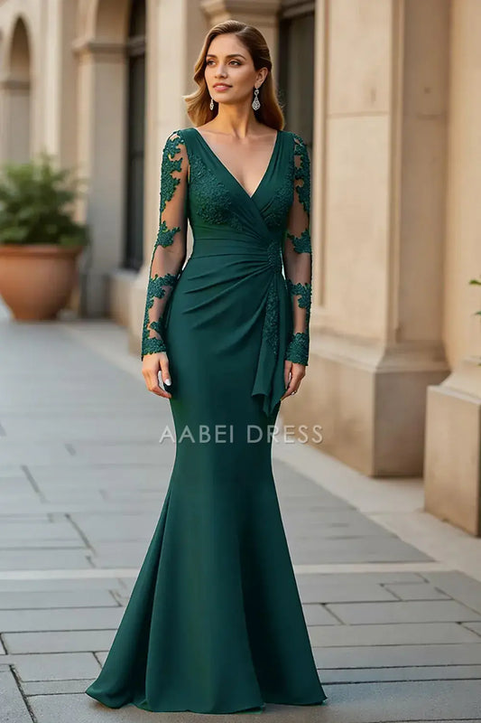AABEI DRESS Wedding Guests Dresses Mermaid V-Neck Lace Long Sleeves V Back Ruffled Exquisite Fashion Long Mother of the Bride Dress