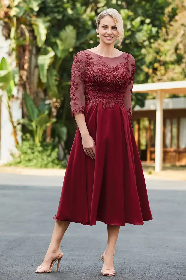 AABEI DRESS Wedding Guests Dresses Mom's Formal Dress A-Line Boat Collar 3/4 Sleeves Lace Applique Chiffon Ruched Tea-Length Elegant Mother of the Bride Dress