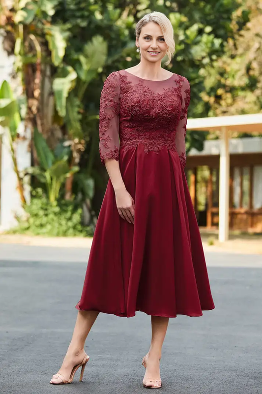 AABEI DRESS Wedding Guests Dresses Mom's Formal Dress A-Line Boat Collar 3/4 Sleeves Lace Applique Chiffon Ruched Tea-Length Elegant Mother of the Bride Dress