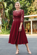 AABEI DRESS Wedding Guests Dresses Mom's Formal Dress A-Line Boat Collar 3/4 Sleeves Lace Applique Chiffon Ruched Tea-Length Elegant Mother of the Bride Dress