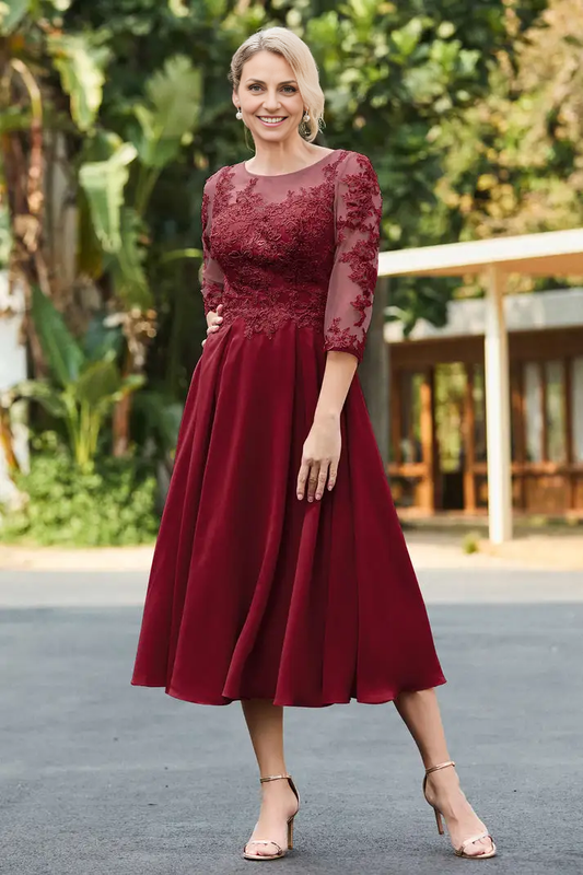 AABEI DRESS Wedding Guests Dresses Mom's Formal Dress A-Line Boat Collar 3/4 Sleeves Lace Applique Chiffon Ruched Tea-Length Elegant Mother of the Bride Dress