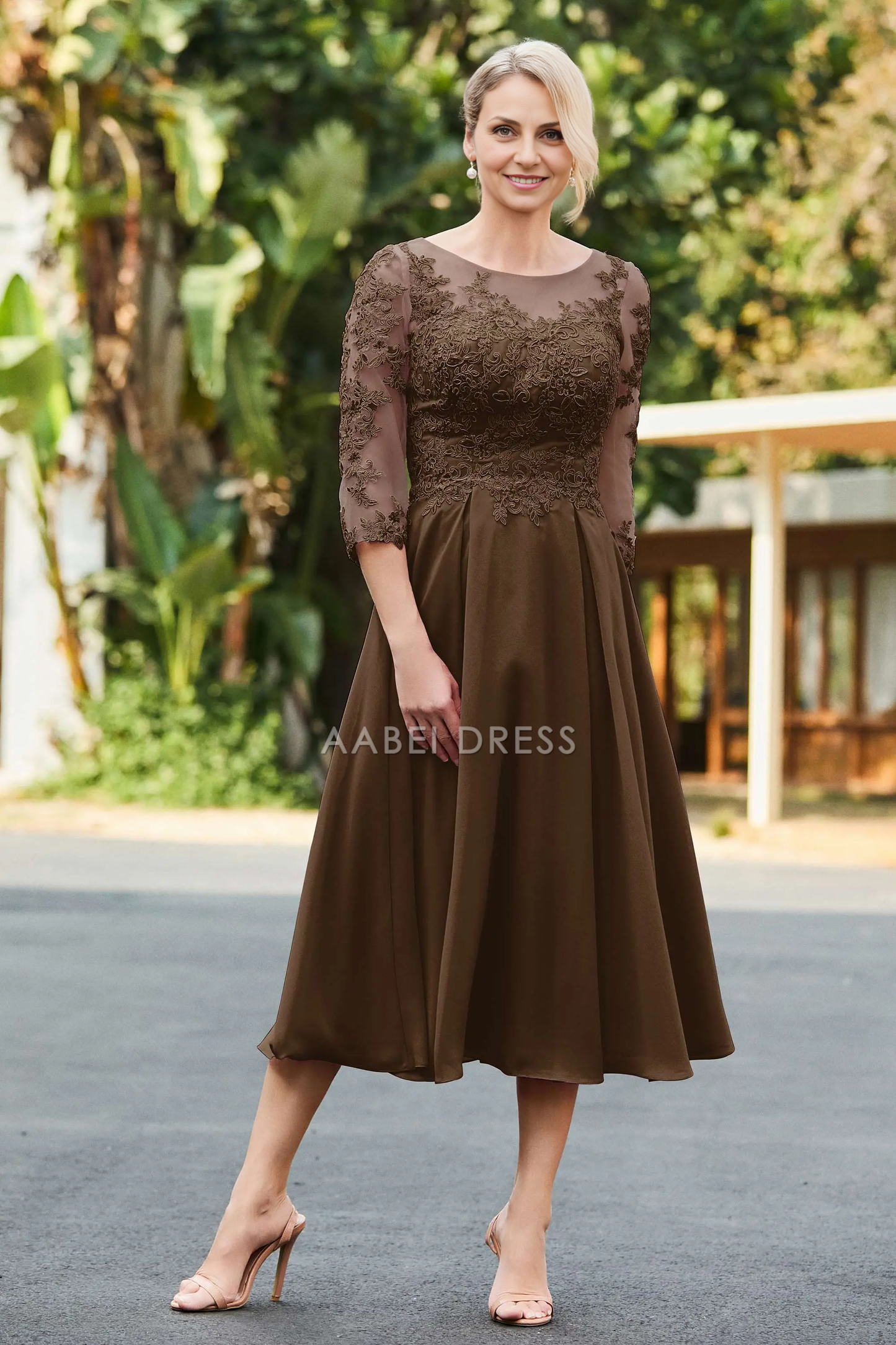 AABEI DRESS Wedding Guests Dresses Mom's Formal Dress A-Line Boat Collar 3/4 Sleeves Lace Applique Chiffon Ruched Tea-Length Exquisite Mother of the Bride Dress