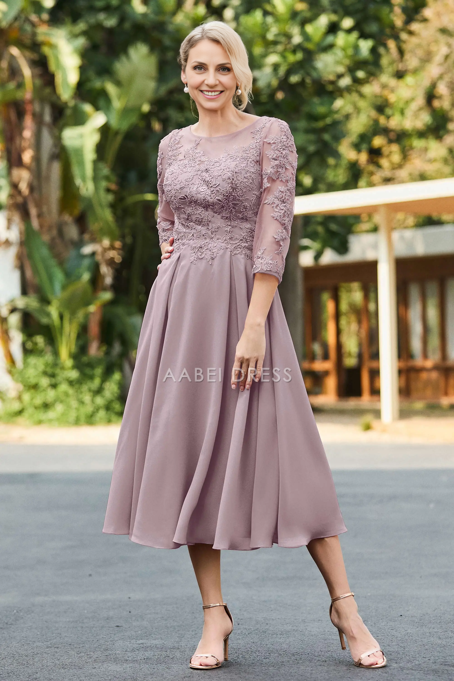 AABEI DRESS Wedding Guests Dresses Mom's Formal Dress A-Line Boat Collar 3/4 Sleeves Lace Applique Chiffon Ruched Tea-Length Retro Mother of the Bride Dress