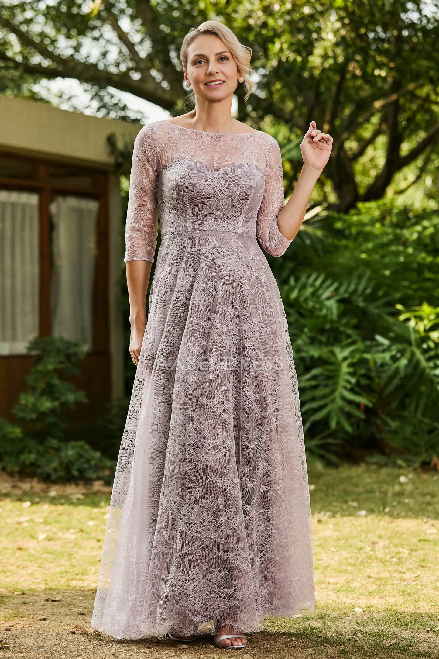 AABEI DRESS Wedding Guests Dresses Mom's Formal Dress A-Line Boat Collar 3/4 Sleeves Lace Ruched Long Dress Elegant Retro Mother of the Bride Dress