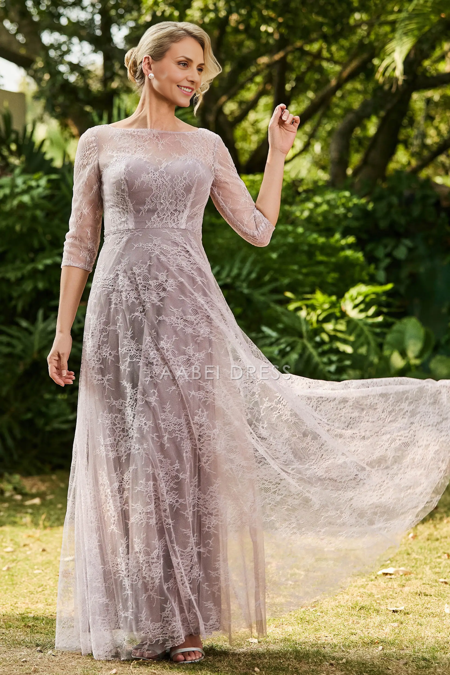 AABEI DRESS Wedding Guests Dresses Mom's Formal Dress A-Line Boat Collar 3/4 Sleeves Lace Ruched Long Dress Elegant Retro Mother of the Bride Dress