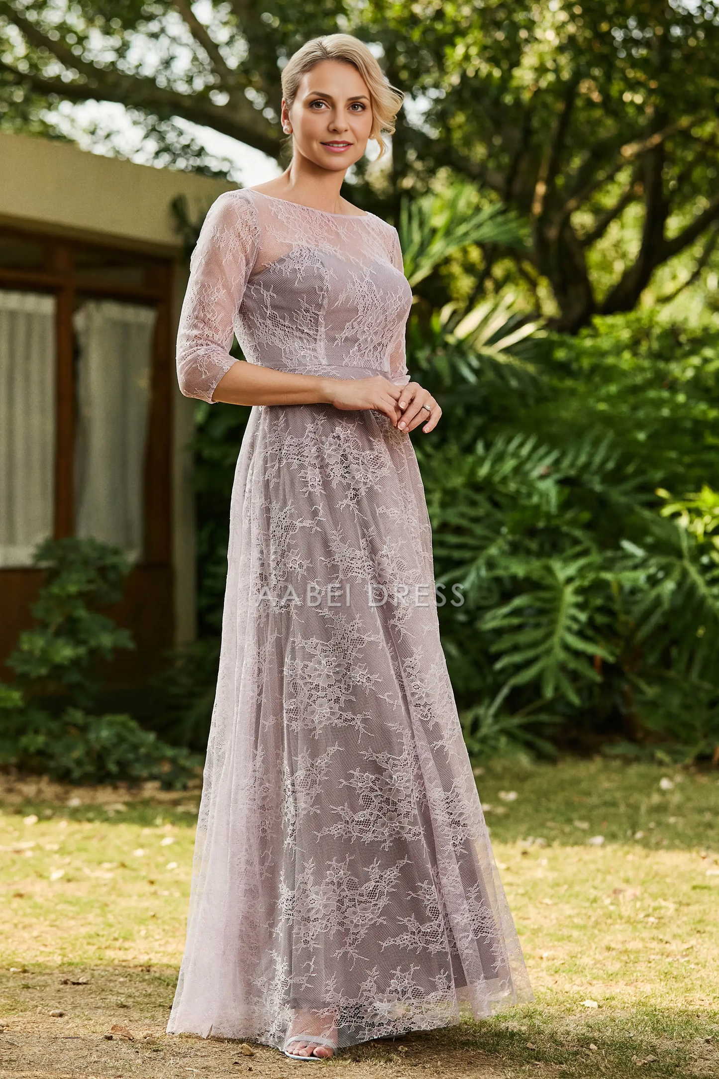AABEI DRESS Wedding Guests Dresses Mom's Formal Dress A-Line Boat Collar 3/4 Sleeves Lace Ruched Long Dress Elegant Retro Mother of the Bride Dress