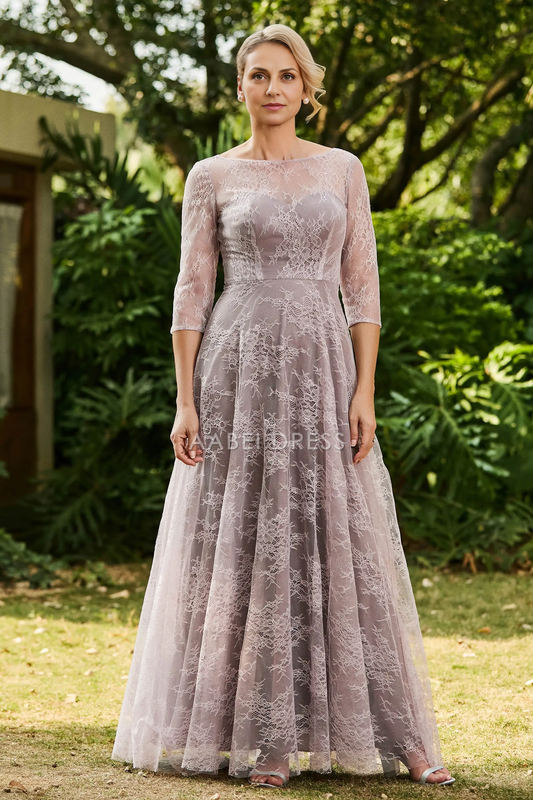AABEI DRESS Wedding Guests Dresses Mom's Formal Dress A-Line Boat Collar 3/4 Sleeves Lace Ruched Long Dress Elegant Retro Mother of the Bride Dress