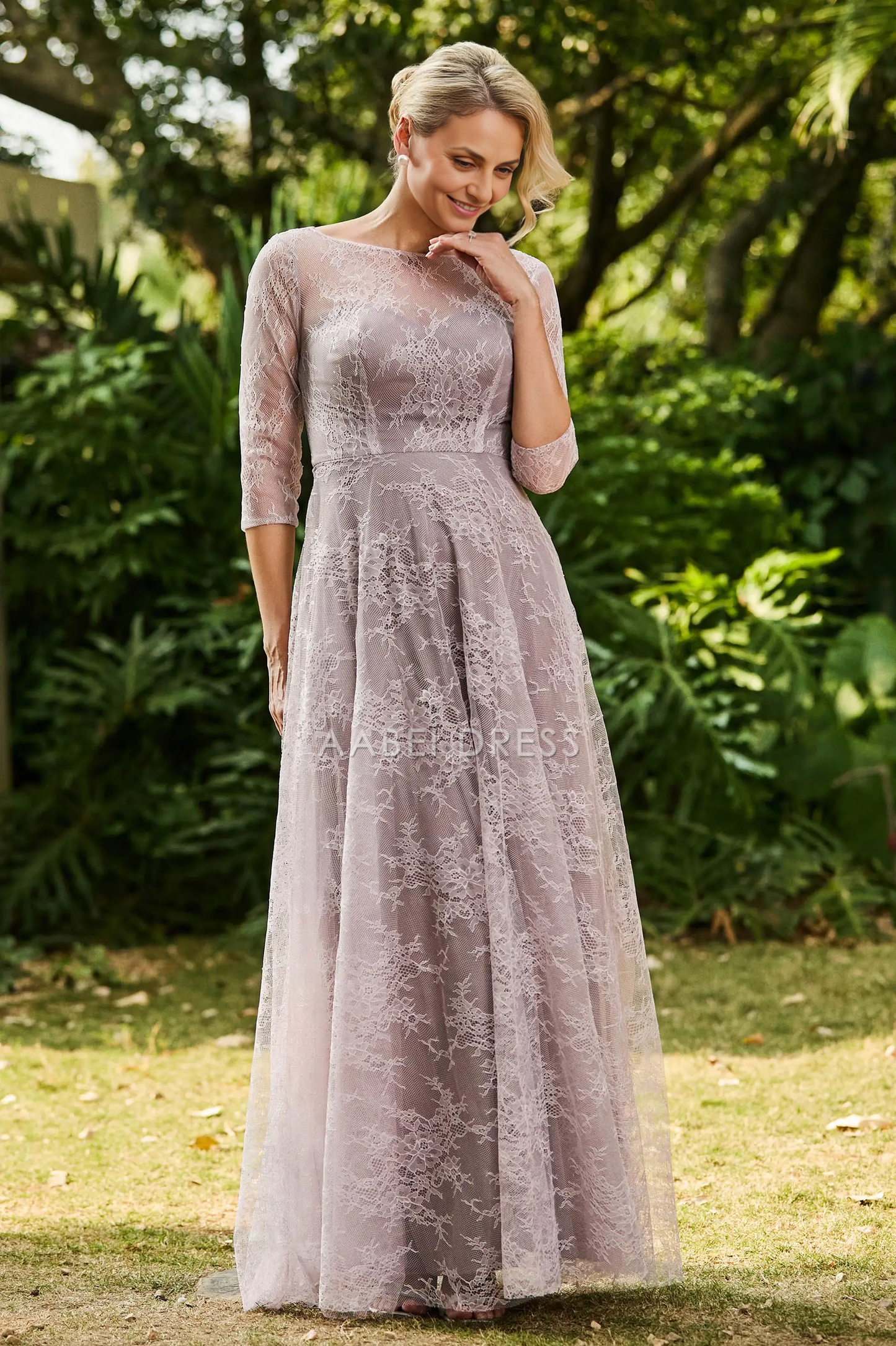 AABEI DRESS Wedding Guests Dresses Mom's Formal Dress A-Line Boat Collar 3/4 Sleeves Lace Ruched Long Dress Elegant Retro Mother of the Bride Dress