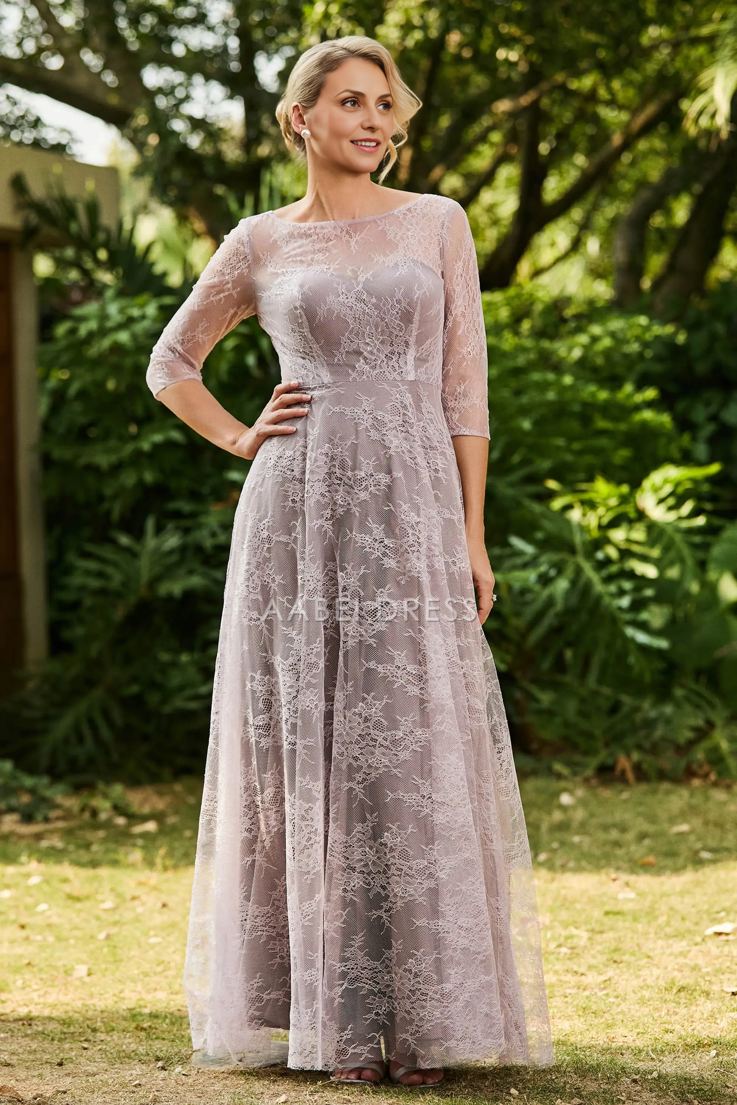 AABEI DRESS Wedding Guests Dresses Mom's Formal Dress A-Line Boat Collar 3/4 Sleeves Lace Ruched Long Dress Elegant Retro Mother of the Bride Dress