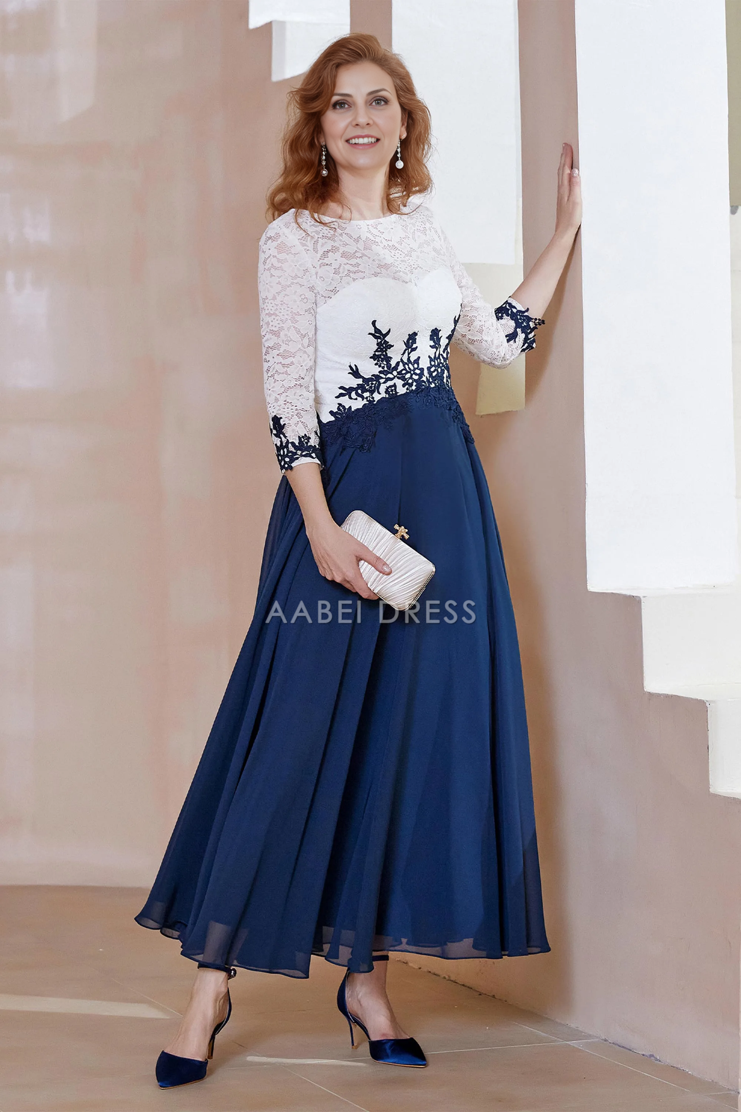 AABEI DRESS Wedding Guests Dresses Mom's Formal Dress A-Line Boat Collar 3/4 Sleeves Lace Top Applique Chiffon Ruched Tea-Length Elegant Mother of the Bride Dress