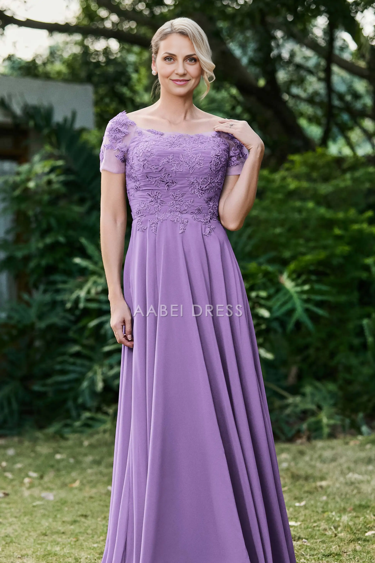 AABEI DRESS Wedding Guests Dresses Mom's Formal Dress A-Line Boat Collar Short Sleeves Lace Applique Chiffon Ruched Long Dress Exquisite Mother of the Bride Dress