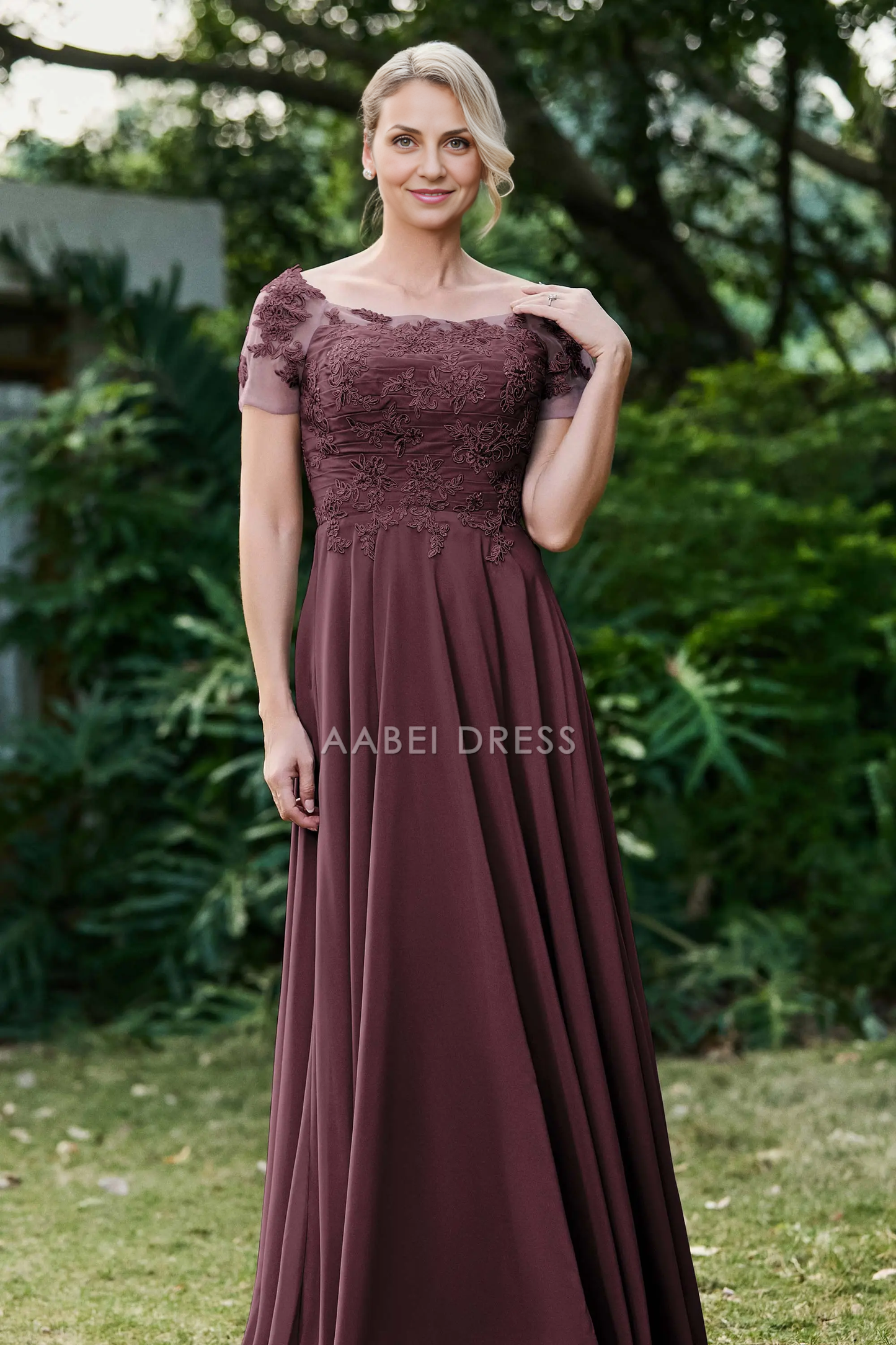 AABEI DRESS Wedding Guests Dresses Mom's Formal Dress A-Line Boat Collar Short Sleeves Lace Applique Chiffon Ruched Long Dress Exquisite Mother of the Bride Dress(副本)
