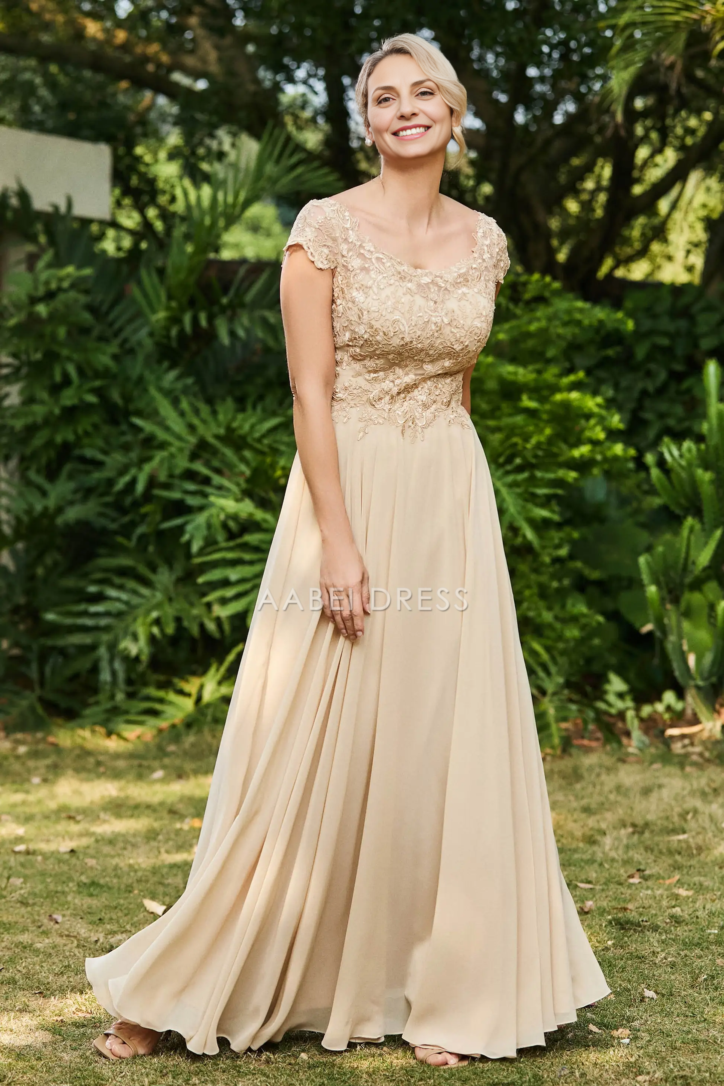 AABEI DRESS Wedding Guests Dresses Mom's Formal Dress A-Line Scoop Neck Cap Sleeves Lace Applique Top Chiffon Ruched Exquisite Mother of the Bride Dress
