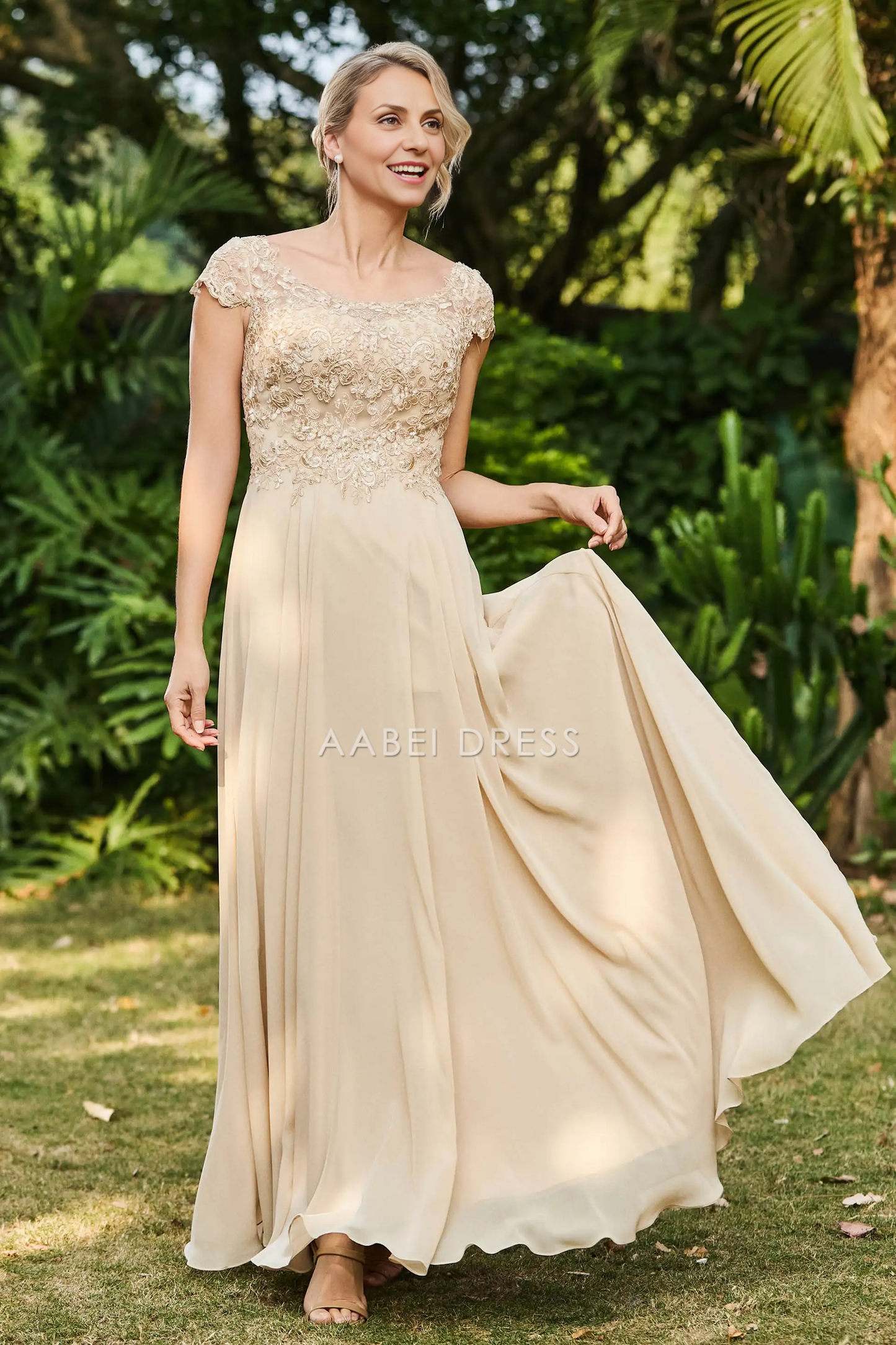 AABEI DRESS Wedding Guests Dresses Mom's Formal Dress A-Line Scoop Neck Cap Sleeves Lace Applique Top Chiffon Ruched Exquisite Mother of the Bride Dress